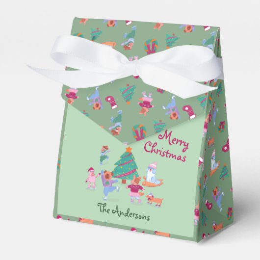 Schattigee Hond Schaatsen Pistache Groene Kerst Bedankdoosjes (Voorkant Zijde)