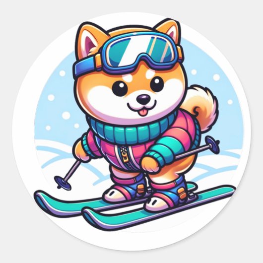 Schattigee hond Shiba skiën in de winter Ronde Sticker (Voorkant)