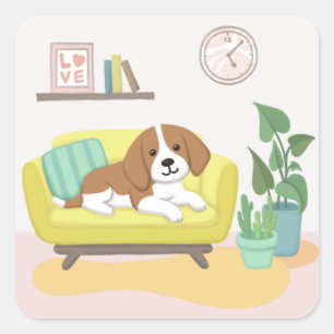 Schattigee Hond, Stoel & Planten Illustratie Kunst Vierkante Sticker