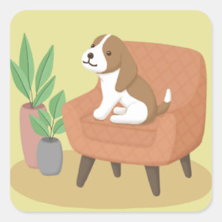 Schattigee Hond, Stoel & Planten Illustratie Kunst Vierkante Sticker