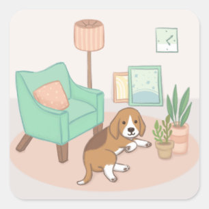 Schattigee hond, stoel, Planten, & meer illustrati Vierkante Sticker