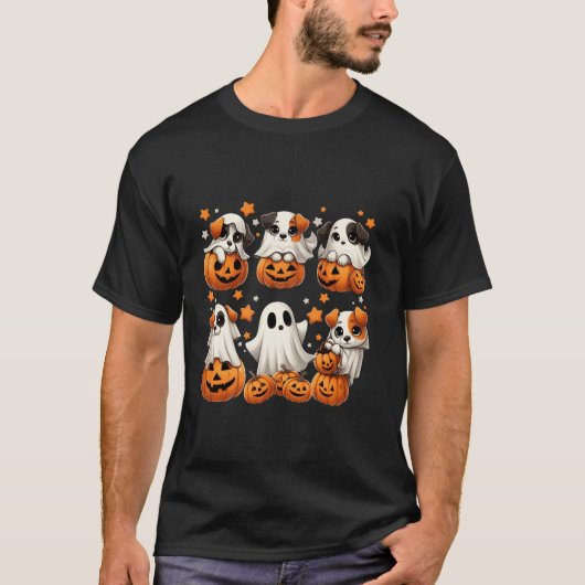 Schattigee hond verkleed als spookhond spookpompoe t-shirt (Voorkant)