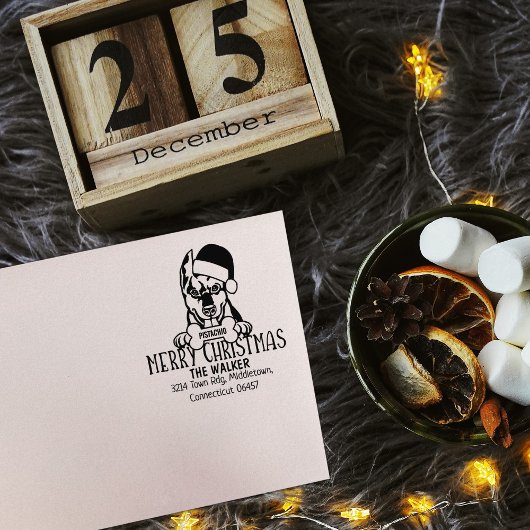 Schattigee hond vrolijk kerstretour adres rubberstempel