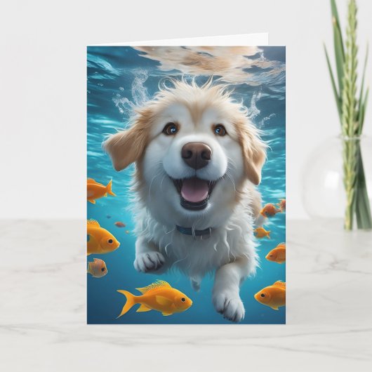 Schattigee Hond Zwemmen met Vis Blank Kaart (Voorkant)