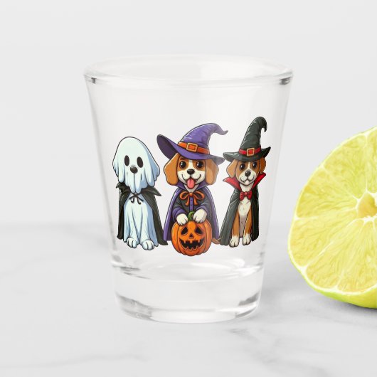 Schattigee honden als spook, heks en vampier shot glas (Voorkant)