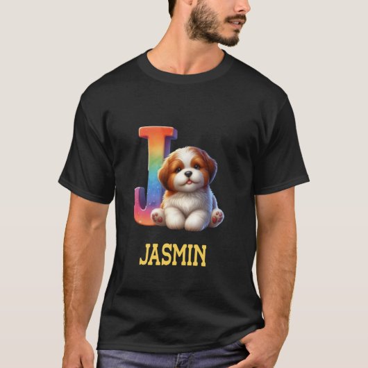 Schattigee Honden Brief Jasmin Naam Rainbow Dog T-shirt (Voorkant)