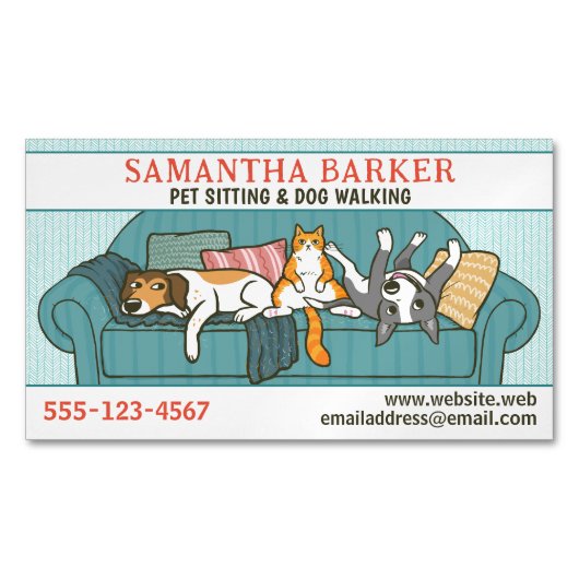 Schattigee Honden en Kat Huisdier Zittend Dierenve Magnetisch Visitekaartje (Voorkant)