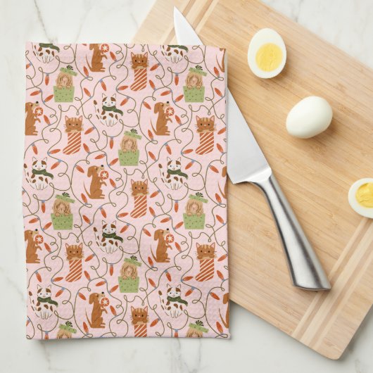 Schattigee Honden en Katten Kerstverlichting Roze Theedoek (Quarter Fold)