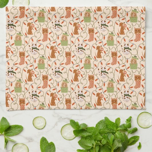 Schattigee Honden en Katten Kerstverlichting Theedoek (Gevouwen)