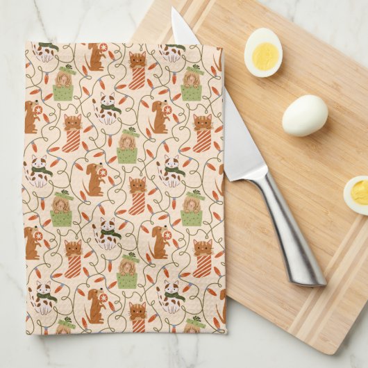 Schattigee Honden en Katten Kerstverlichting Theedoek (Quarter Fold)