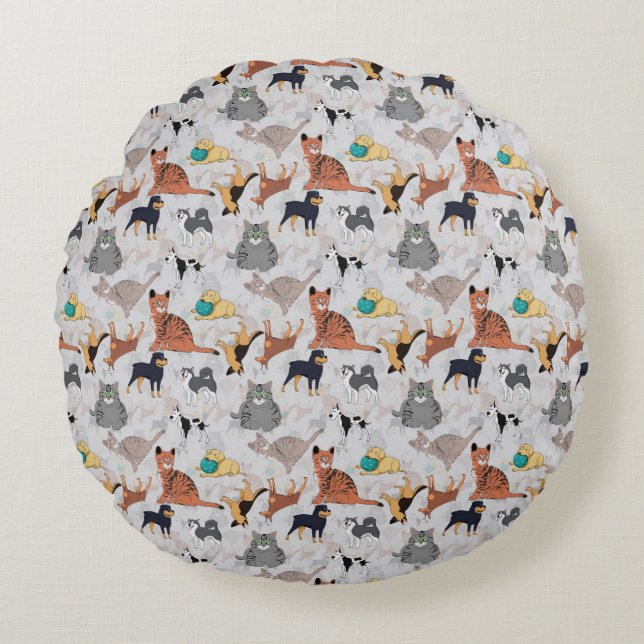 Schattigee honden- en kattenpatroon ontwerp rond kussen (Voorkant)