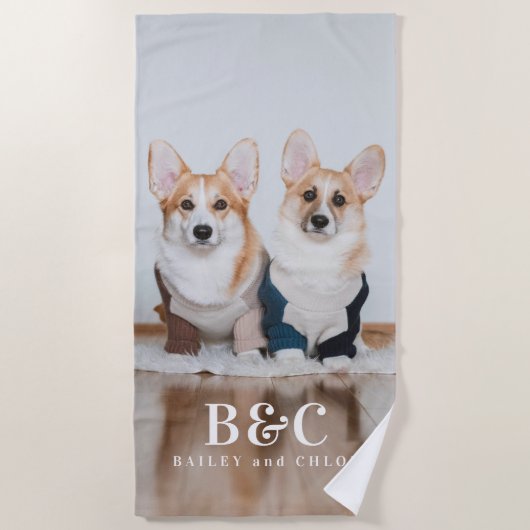 Schattigee Honden Foto Monogram Namen Zomer Strandlaken (Voorkant)