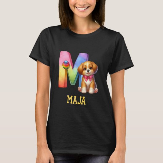 Schattigee Honden Letter Maja Naam Rainbow Dog T-shirt (Voorkant)