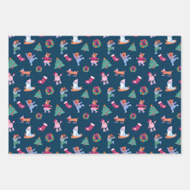 Schattigee Honden Schaatsen Blauw Roze Kerst Inpakpapier Vel