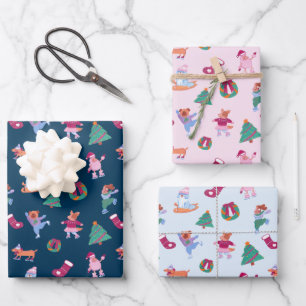 Schattigee Honden Schaatsen Blauw Roze Kerst Inpakpapier Vel