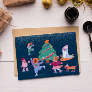 Schattigee Honden Schaatsen Donkerblauw Flat Holid Feestdagenkaart