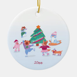 Schattigee Honden Schaatsen zacht blauw Kerst Foto Keramisch Ornament