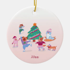 Schattigee Honden Schaatsen zacht roze Kerst Foto Keramisch Ornament