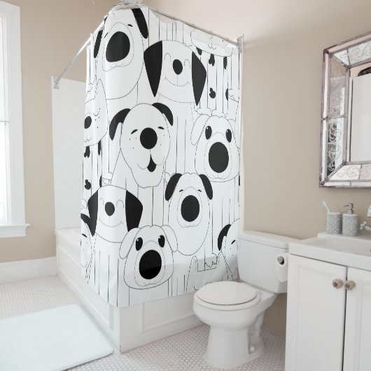 Schattigee honden: zwarte, witte cartoon. douchegordijn (In situ)