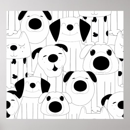 Schattigee honden: zwarte, witte cartoon. poster (Voorkant)