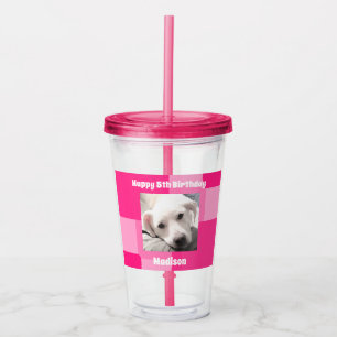 Schattigee hondenfoto 5e verjaardag roze acryl drinkbeker