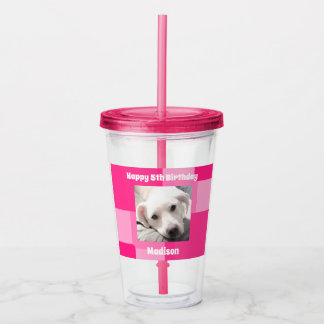 Schattigee hondenfoto 5e verjaardag roze acryl drinkbeker