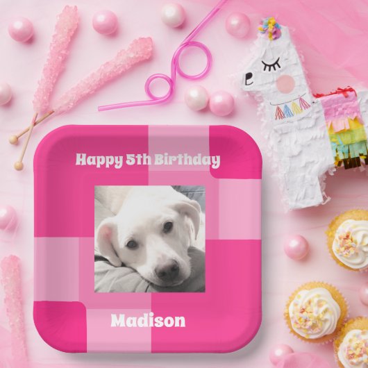Schattigee hondenfoto 5e verjaardag roze papieren bordje (Feest)