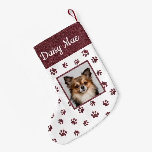 Schattigee Hondennaam Foto Roos Gouden Glitter Paw Kleine Kerstsok (Achterkant (Hangend))