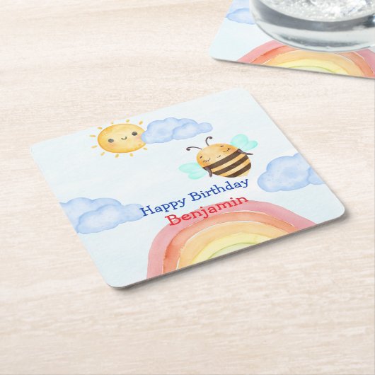 Schattigee honingbij verjaardagsfeestje kartonnen onderzetters (Schuin)