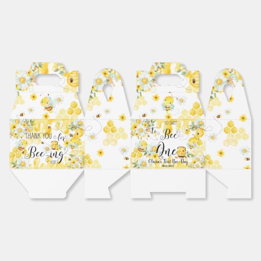 Schattigee Honingbijen Geel Bloemen 1e Verjaardag Bedankdoosjes (Ongevouwen)