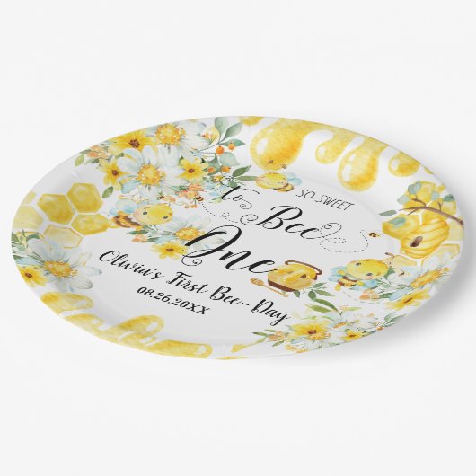Schattigee Honingbijen Geel Bloemen 1e Verjaardag Papieren Bordje (Gekanteld)