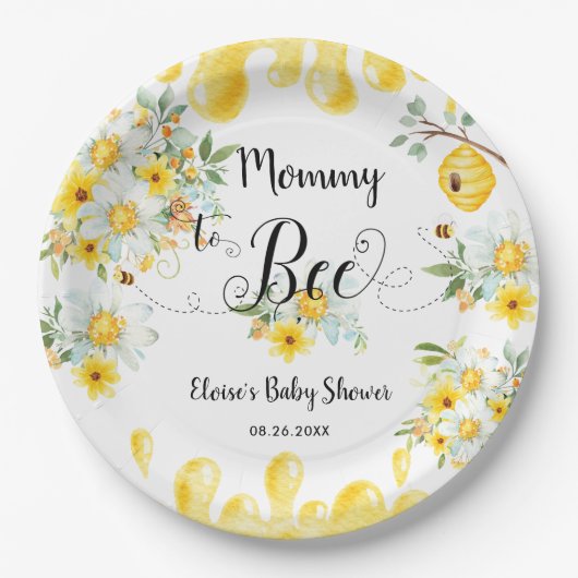Schattigee Honingbijen Geel Bloemen Baby shower Papieren Bordje (Voorkant)