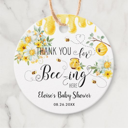 Schattigee Honingbijen Geel Bloemen Verjaardag Bab Bedankjes Labels (Voorkant)