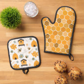 Schattigee honingraat Happy Funny Bee Yellow Patte Ovenwant & Pannenlap Set (Top down)