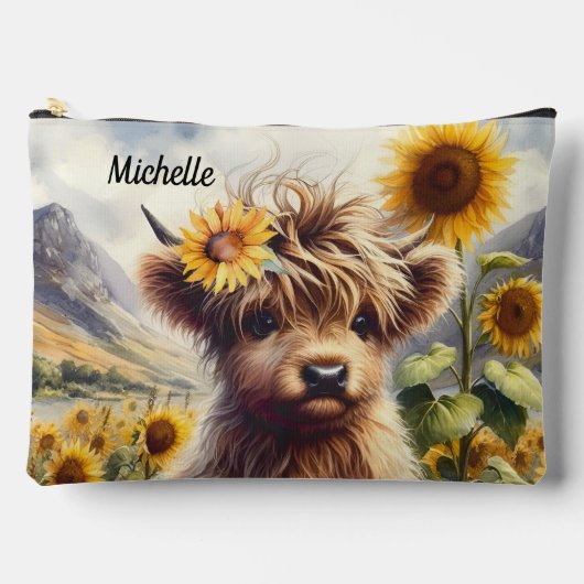 Schattigee hoogland Koe en zonnebloemen met naam Etui (Voorkant)