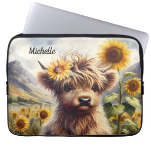 Schattigee hoogland Koe en zonnebloemen met naam Laptop Sleeve