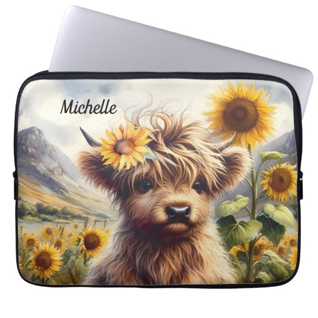 Schattigee hoogland Koe en zonnebloemen met naam Laptop Sleeve (Voorkant)