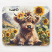 Schattigee hoogland Koe en zonnebloemen met naam Muismat (Voorkant)