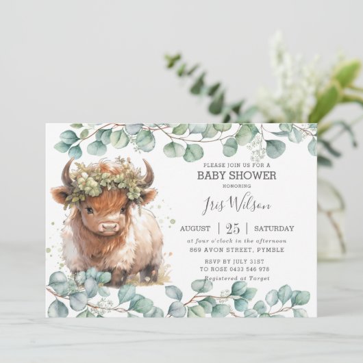 Schattigee Hoogland Koe Eucalyptus groen Baby show Kaart (Staand voorkant)