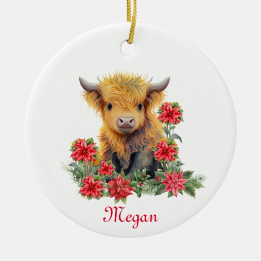 Schattigee Hoogland Koe Kerst Gepersonaliseerde Na Keramisch Ornament (Voorkant)