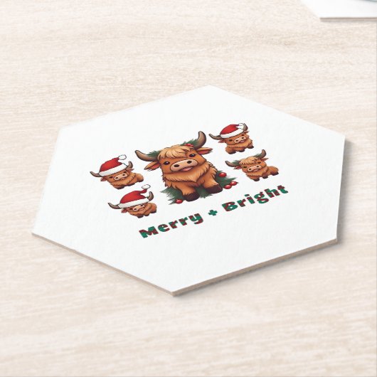 Schattigee Hoogland Koe Kerst vrolijk en helder, S Kartonnen Onderzetters (Schuin)