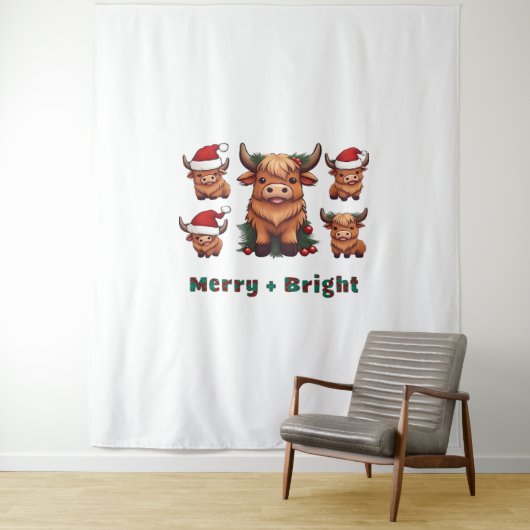 Schattigee Hoogland Koe Kerst vrolijk en helder, S Wandkleed (In situ)