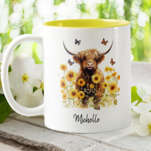 Schattigee Hoogland Koe Zonnebloemen Bloemenvlinde Tweekleurige Koffiemok