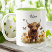 Schattigee Hoogland Koe Zonnebloemen Bloemenvlinde Tweekleurige Koffiemok