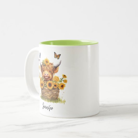 Schattigee Hoogland Koe Zonnebloemen Bloemenvlinde Tweekleurige Koffiemok (Voorkant links)