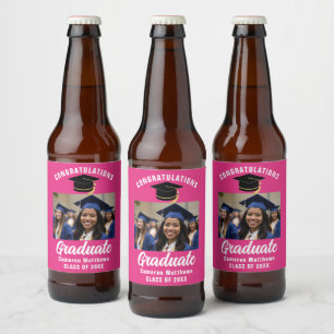 Schattigee Hot Pink Graduation Party Custom Photo Bier Etiket