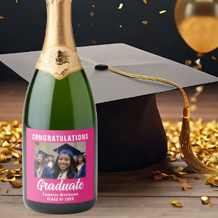 Schattigee Hot Pink Graduation Party Custom Photo Sparkling Wijnetiket