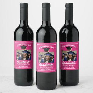 Schattigee Hot Pink Graduation Party Custom Photo Wijn Etiket