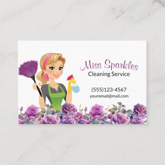 Schattigee Huis Schoonmaak Paarse Bloemen Maid Ser Visitekaartje (Voorkant)