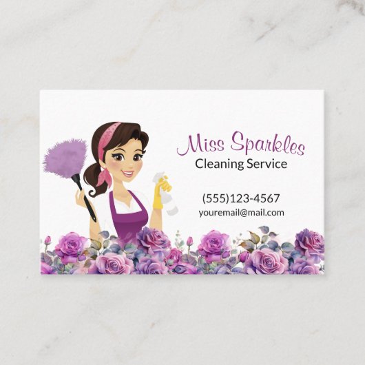 Schattigee Huis Schoonmaak Paarse Bloemen Maid Ser Visitekaartje (Voorkant)